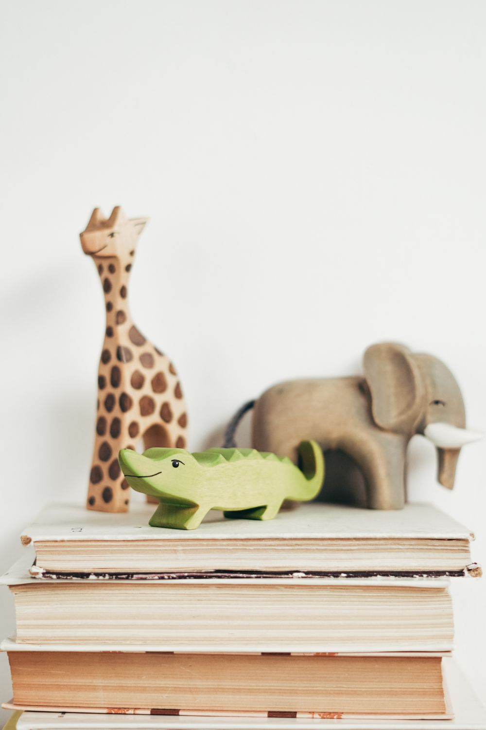 Wooden animals on top of a stack of books