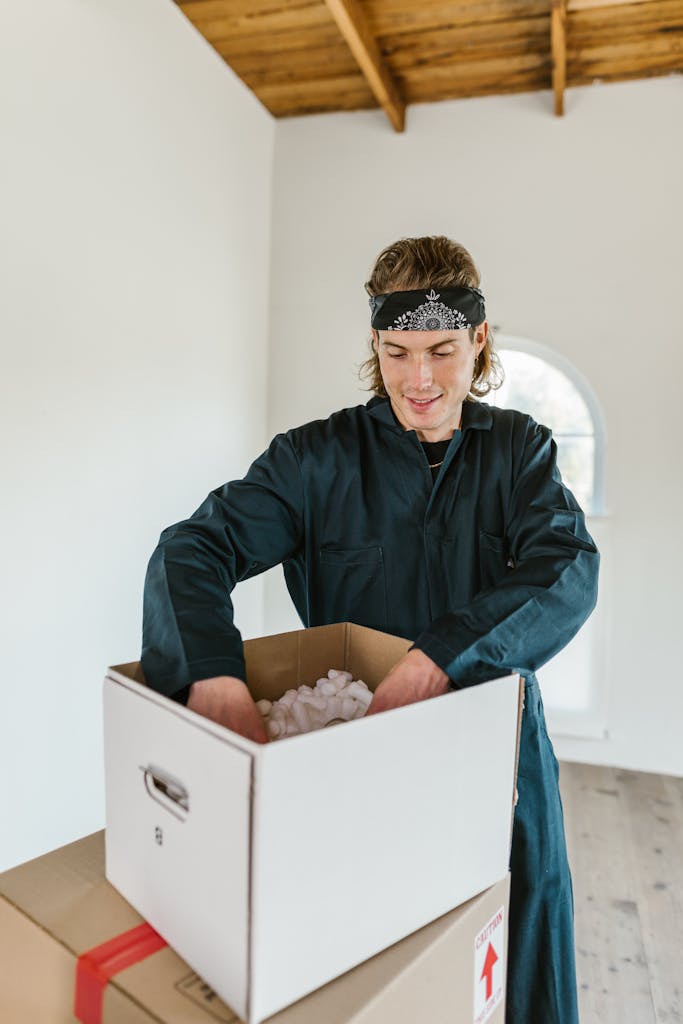 Man in jumpsuit packing a cardboard box with foam in a bright room.