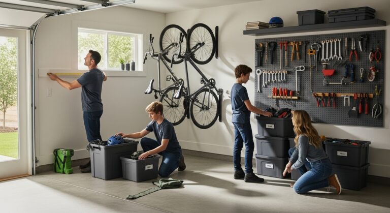 garage organization, family teamwork, home storage