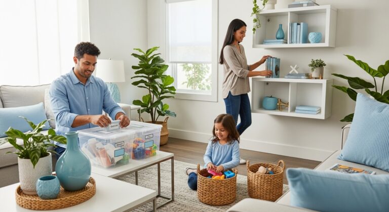 home organization tips, organized living room, family organizing