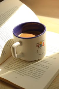 Sunlit close-up of a coffee mug placed on an open book, creating a cozy reading vibe.