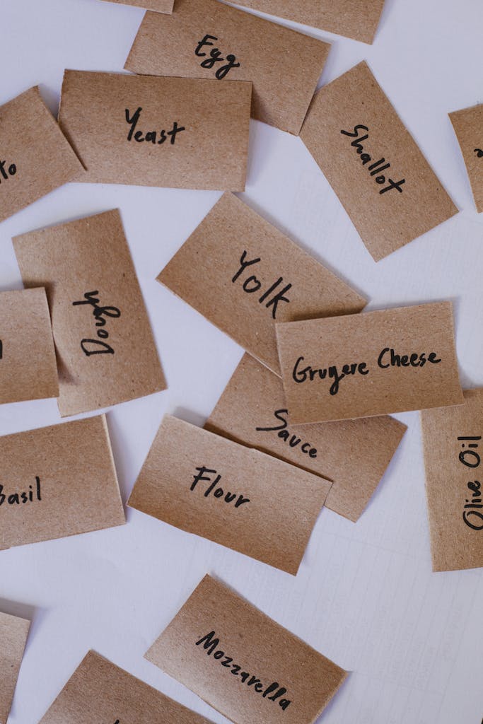 Flat lay of handwritten ingredient labels on brown paper cards, perfect for kitchen organization.