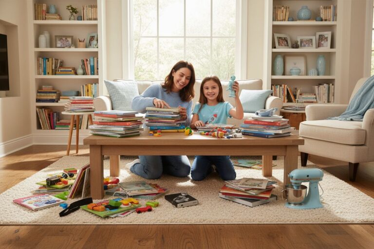 family decluttering living room