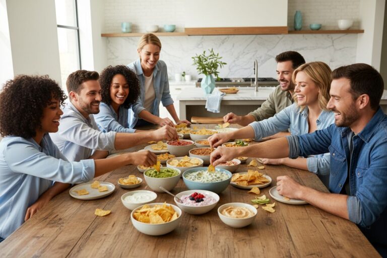 dips for chips, friends sharing snacks, modern kitchen