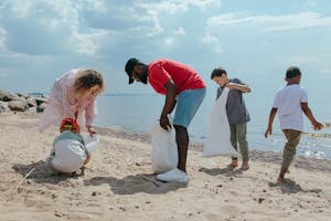 A diverse group participates in a beach cleanup, promoting sustainability and ecology.