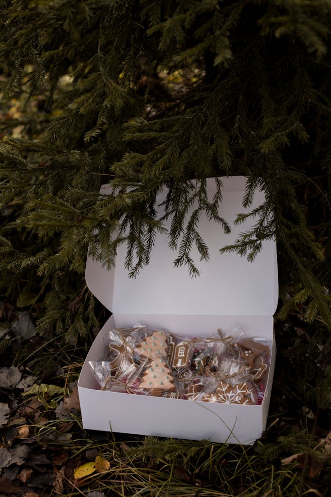Box of decorated gingerbread cookies placed under a Christmas tree with seasonal decorations.