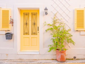 Colorful house exterior with a bright yellow door, shutters, and potted plant.