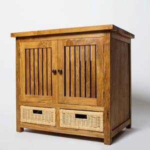Wooden cabinet featuring slatted doors and wicker drawers for versatile storage.