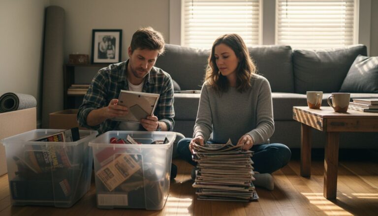 Couple sorting items in minimalist living room