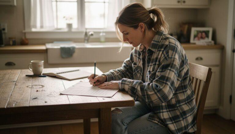 Woman reviewing decluttering checklist at kitchen table