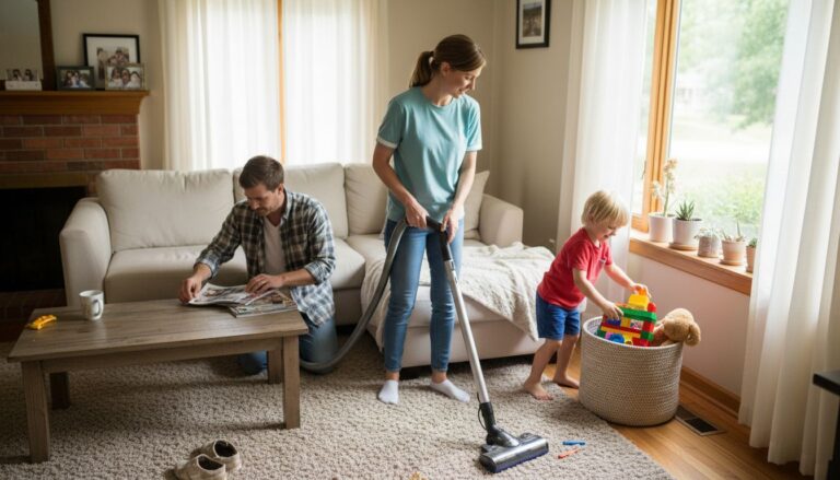 Family tidying living room for daily cleaning