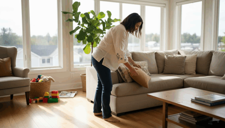 Mother arranging cushions in bright living room