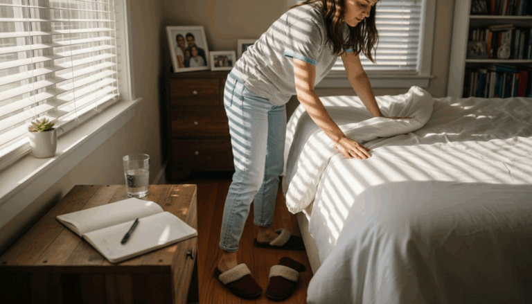 Woman making bed in bright, tidy bedroom