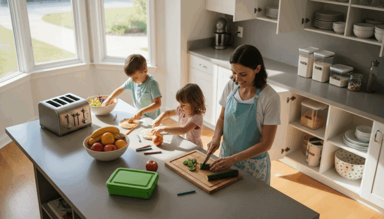 Mother and kids in organized family kitchen