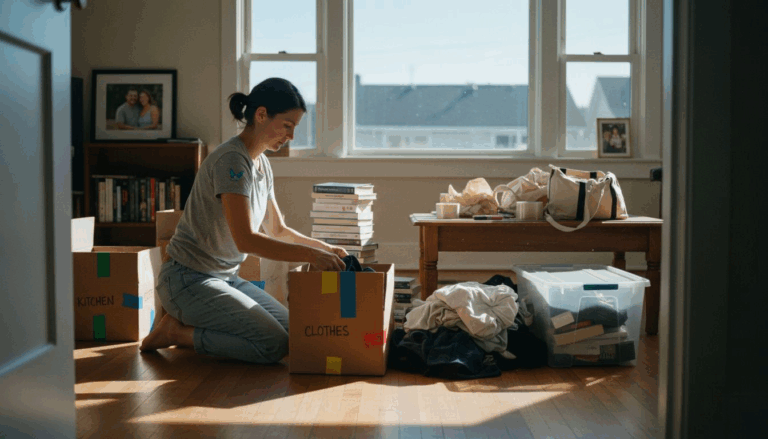 Woman sorting belongings for move in living room