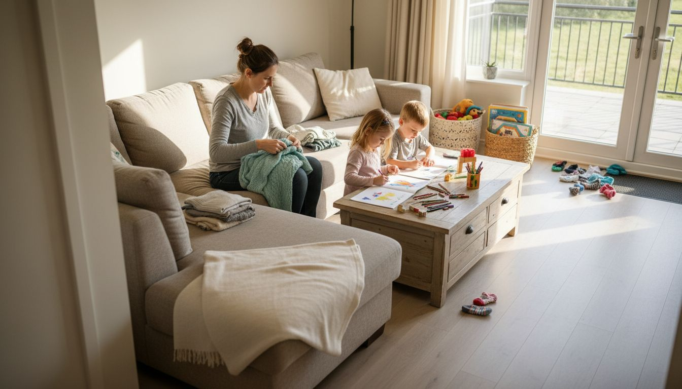 Busy parent folding laundry in calm home
