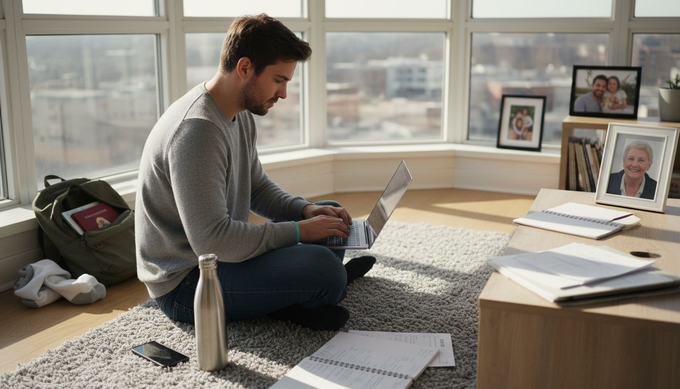 Person working in uncluttered urban apartment