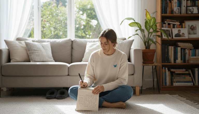 Woman journaling in cozy sunlit living room