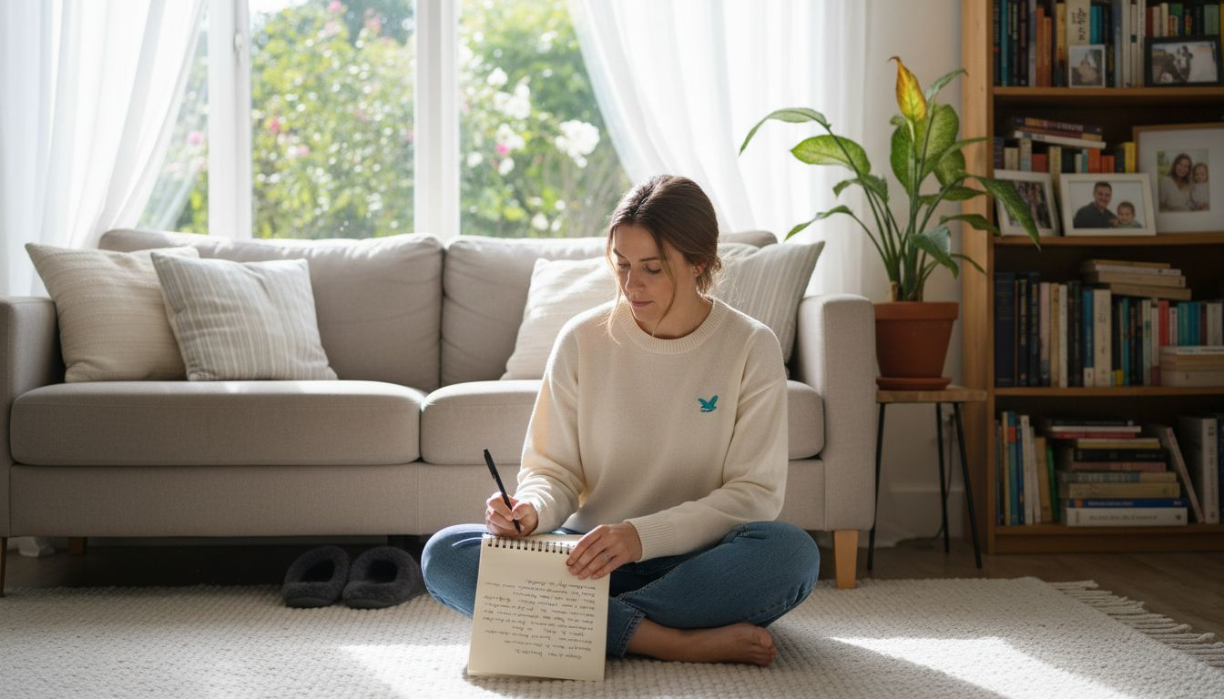 Woman journaling in cozy sunlit living room