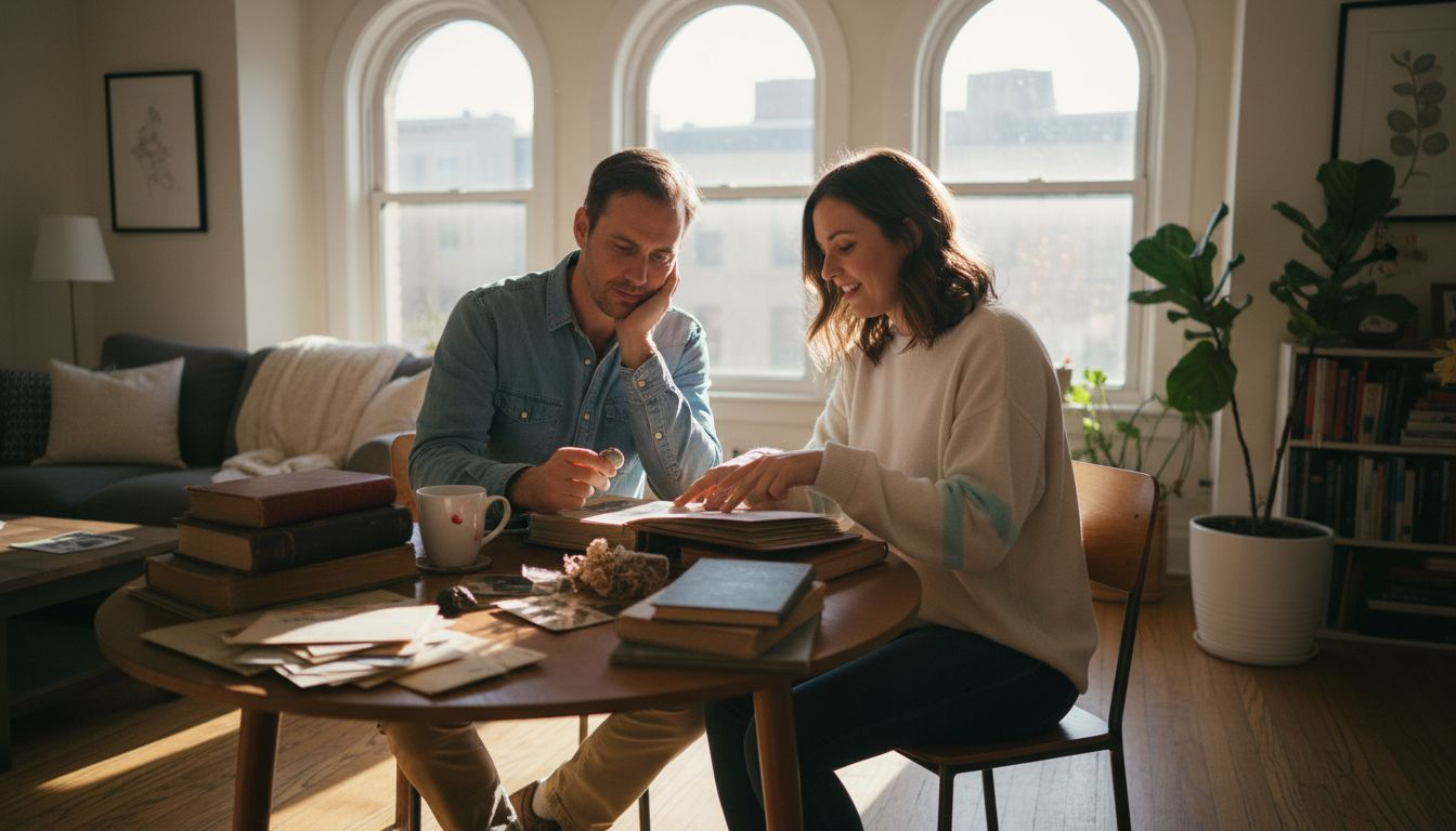 Couple discussing minimalism at home table