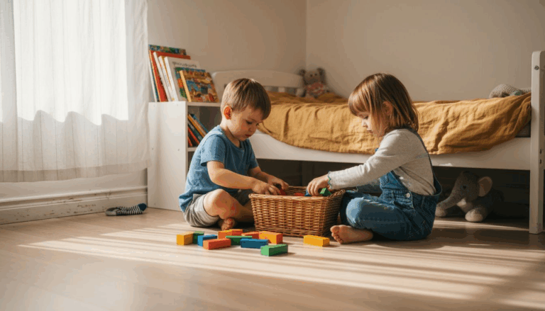 Children tidying minimalist kids bedroom together