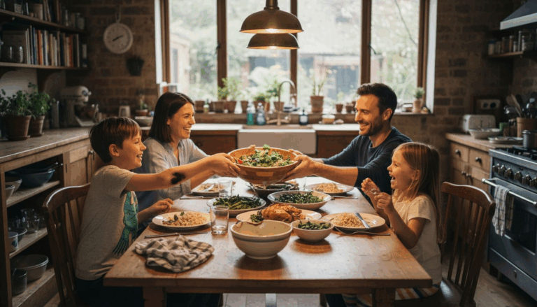 Family sharing simple weeknight dinner