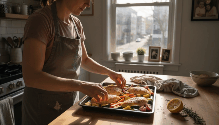 Cook arranging roasted lemon chicken and veggies