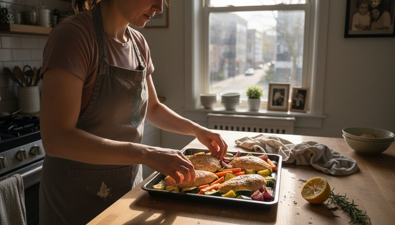 Cook arranging roasted lemon chicken and veggies