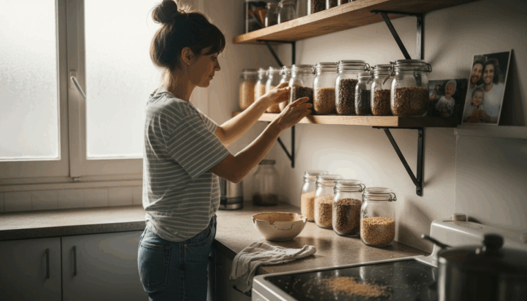 Woman organizing small kitchen pantry shelves