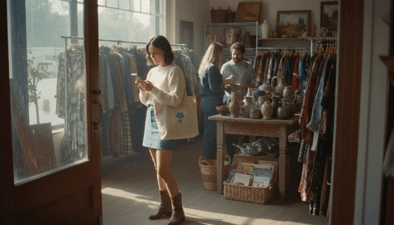 Woman entering crowded thrift store entrance