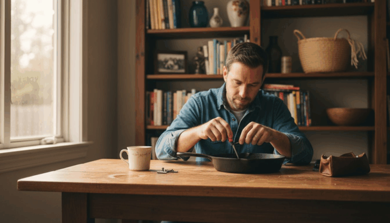 Man repairing durable skillet in sunlit kitchen