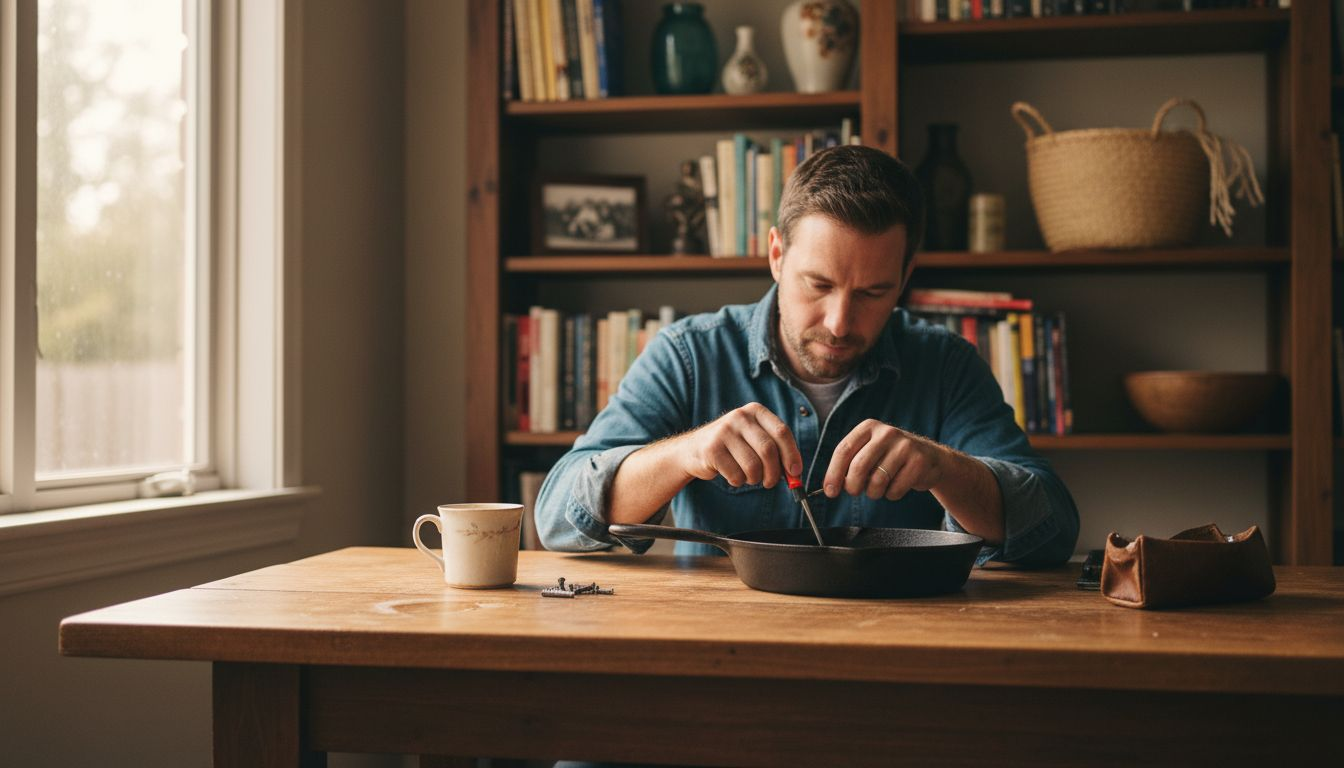 Man repairing durable skillet in sunlit kitchen