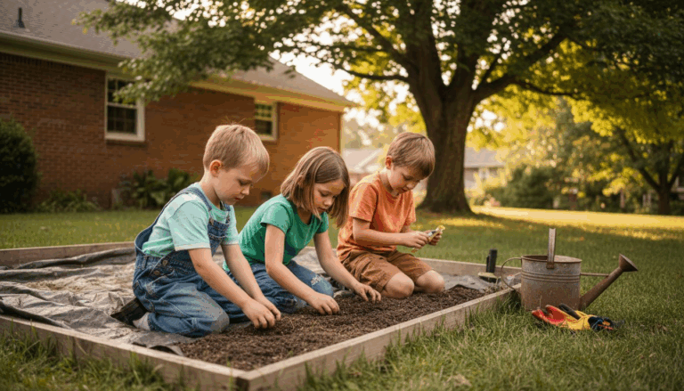 Children planting seeds in backyard garden