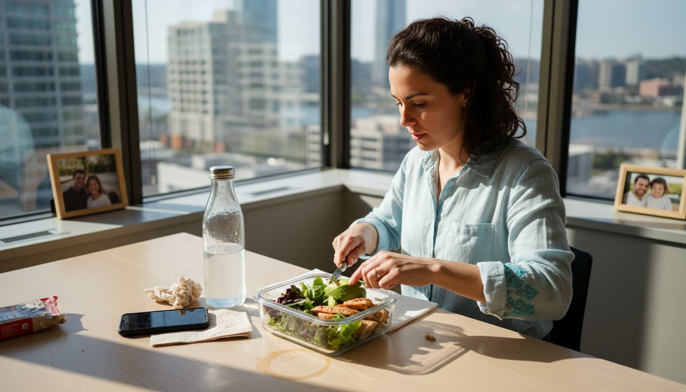 Worker assembling lunch in breakroom setting