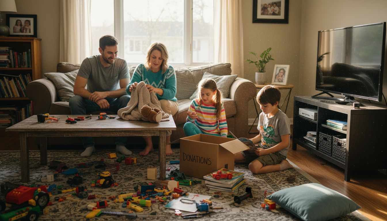 Family organizing cluttered living room together