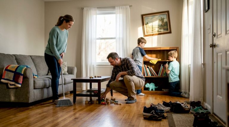 Family working together during home cleaning