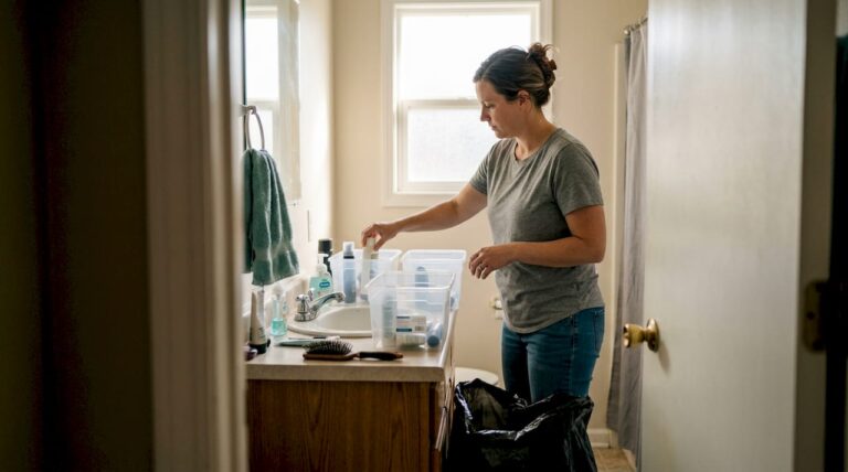 Woman sorting bathroom items into bins