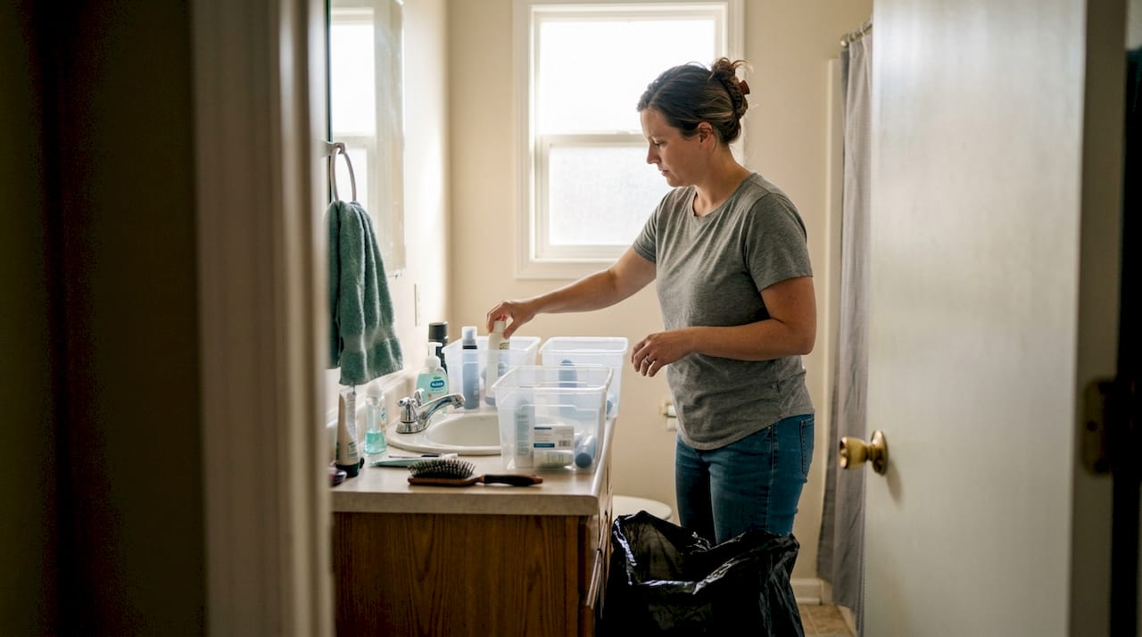 Woman sorting bathroom items into bins