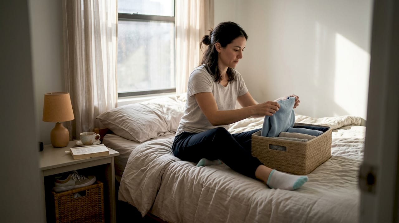 Woman folding clothes in neat bedroom